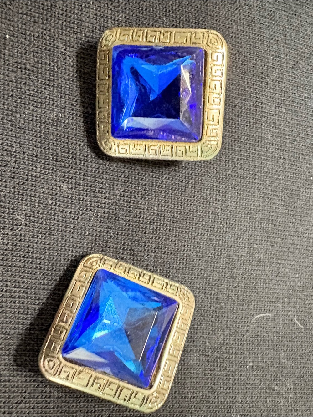 Vintage Cobalt Blue Rhinestone Clip On Earrings Gold Tone Square Greek Key